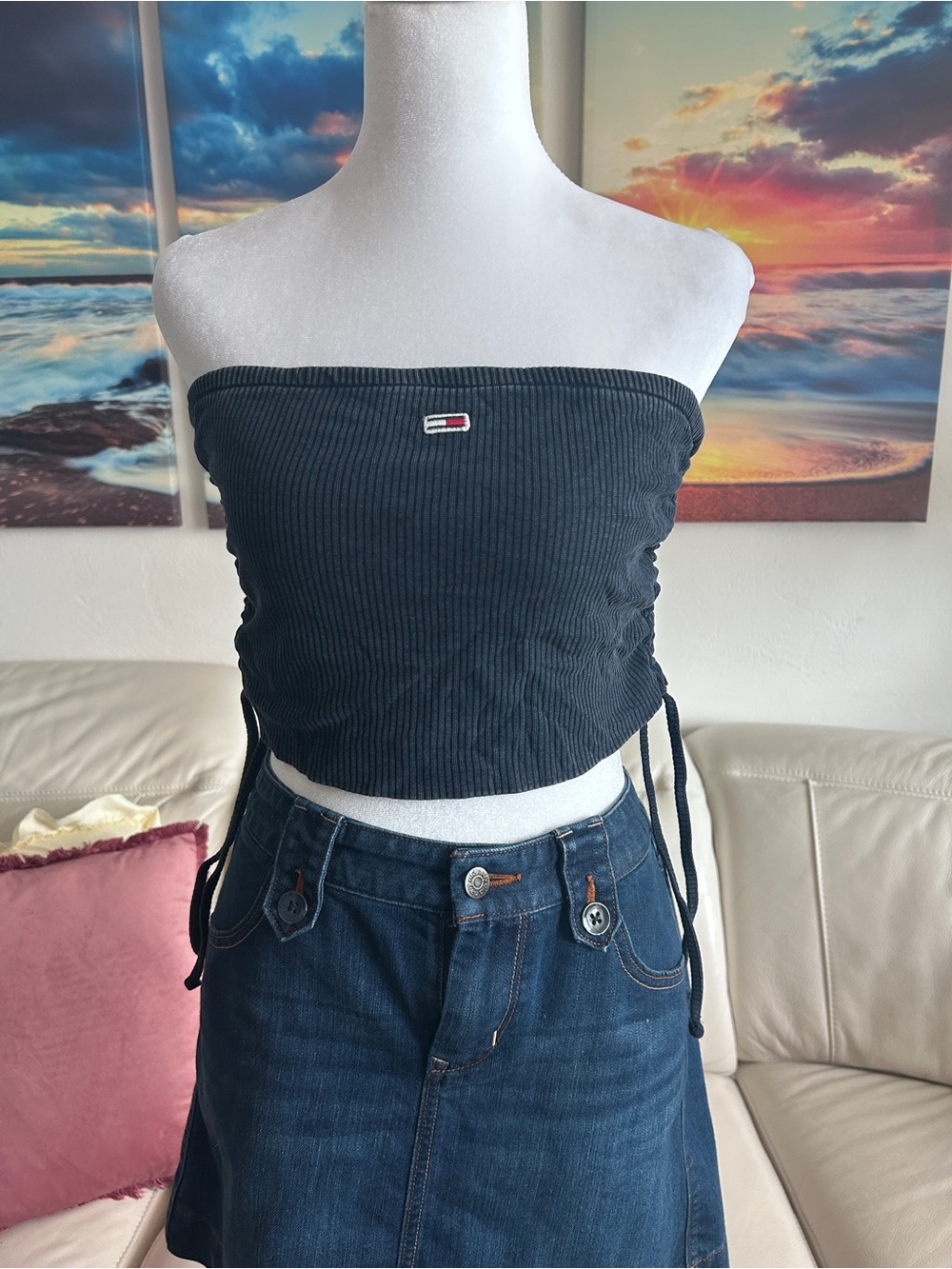 Tommy Hilfiger Black Strapless Ribbed Crop Top with Side Ties